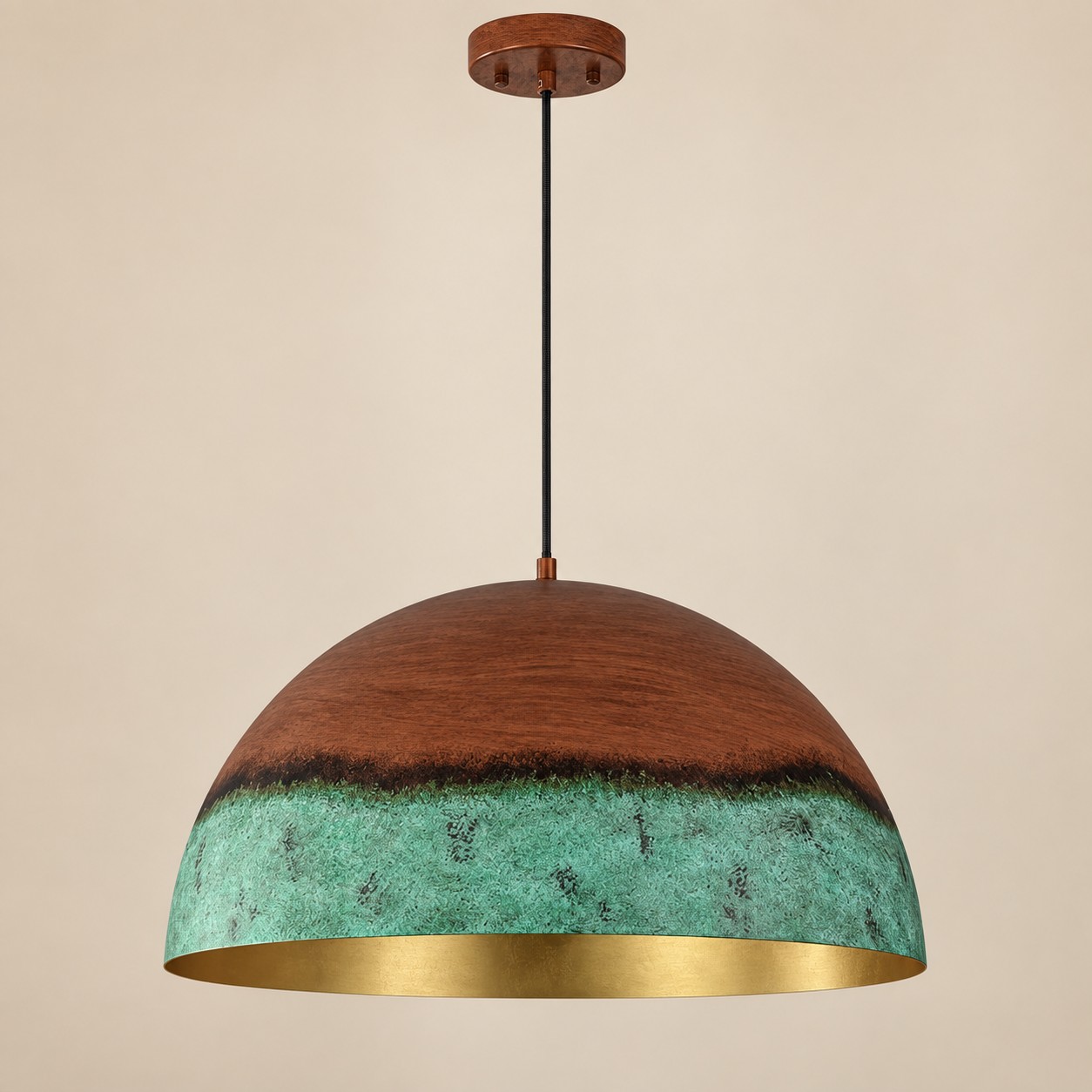 Textured Copper Patina Iron Dome Pendant Light — Gold Interior — A layered perspective