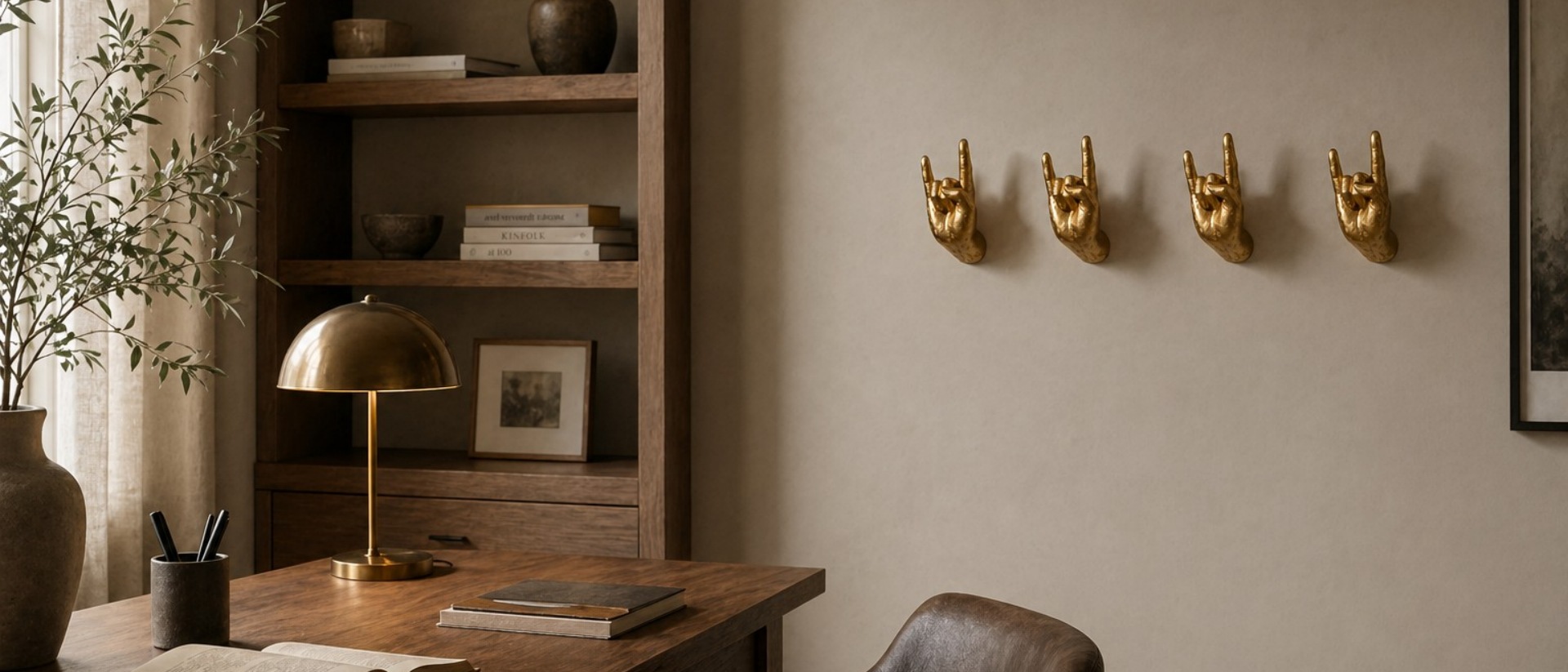 Dekorative goldene Hand an der Wand in einer Wohnszene