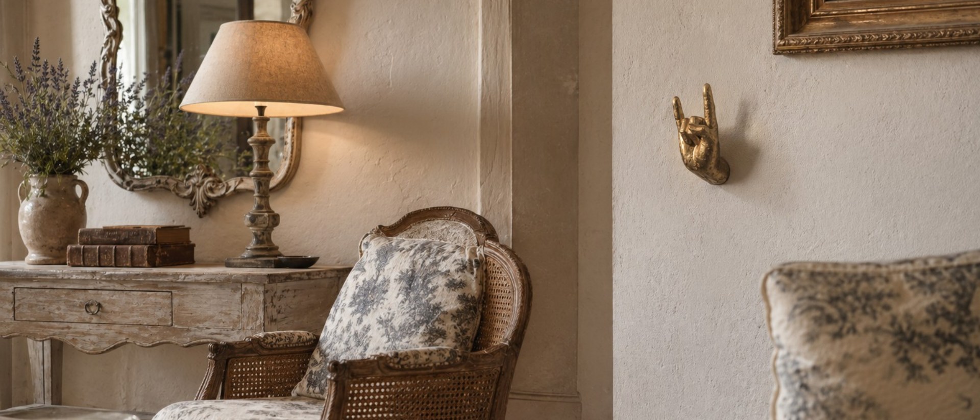 Goldene Rock-On-Hand als Wandakzent in einem Wohnraum