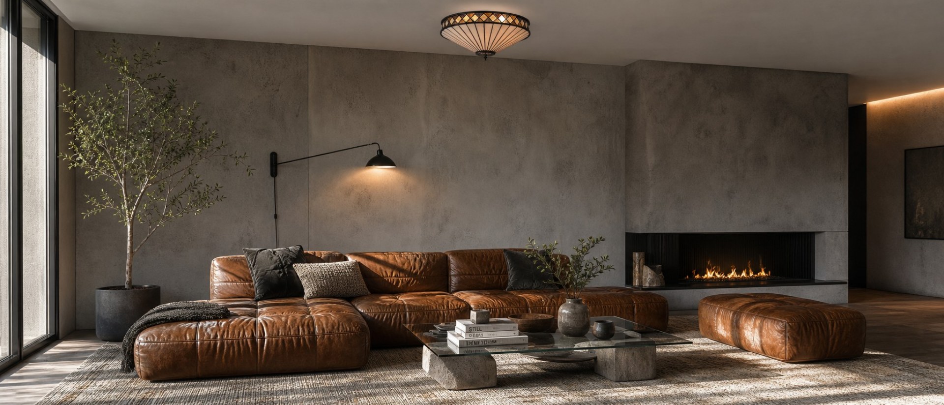Tiffany ceiling flush light in a living room