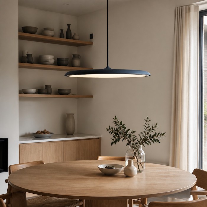 Eine elegante, matte Metallscheibenleuchte, die als moderne Tischleuchte korrekt über einem Tisch montiert ist.