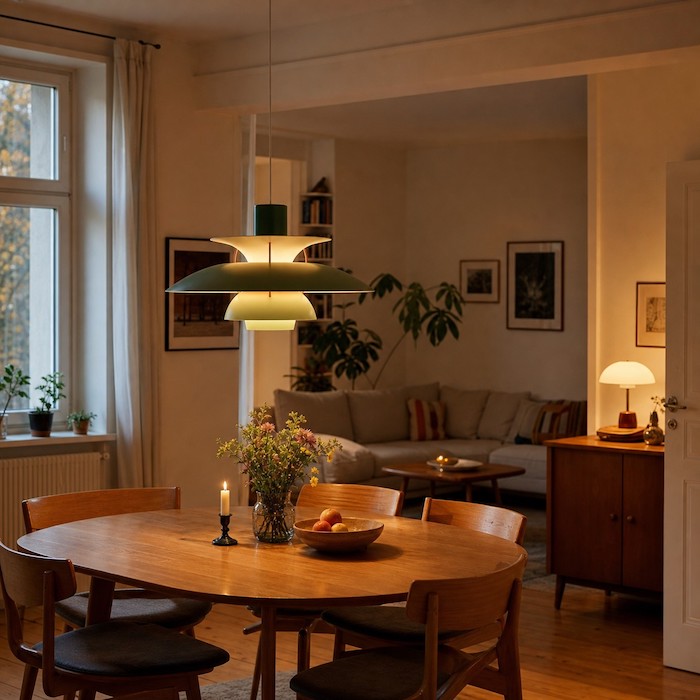 Offener Essbereich mit gestaffelter Pendelleuchte und passender Stehlampe neben dem Sofa.