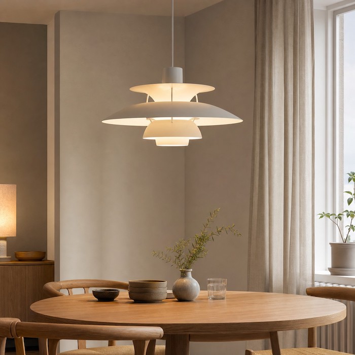 Gemütliche, moderne Essecke, gestaltet mit einer dänisch inspirierten, mehrlagigen Metallpendelleuchte und schlichter Tischdekoration.