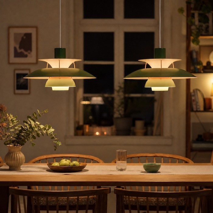 Esszimmer mit gestaffelter Pendelleuchte und passender Tischleuchte für eine ausgewogene Abendbeleuchtung.