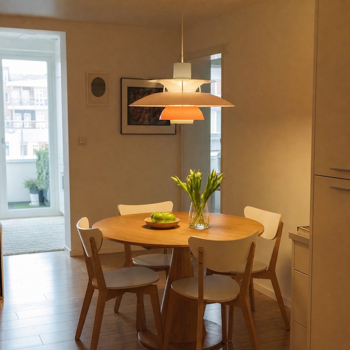 Mehrere Pendelleuchten in unterschiedlichen Ebenen sorgen für sanftes Licht in einem modernen, reflektierenden Küchen-Essbereich.