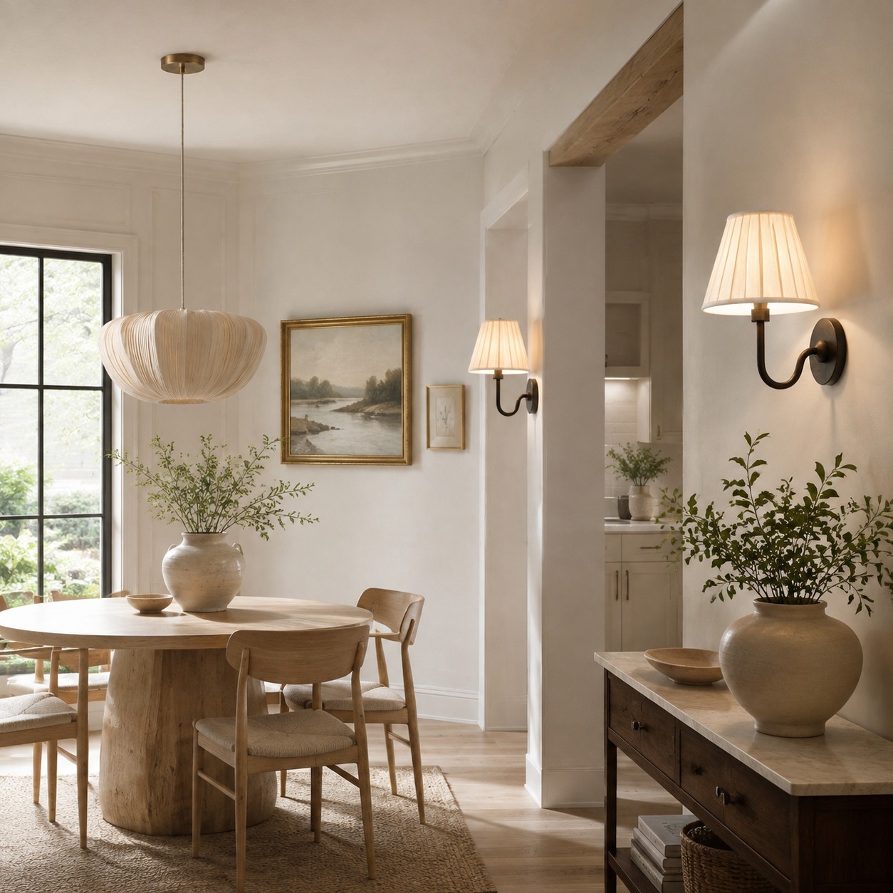 Soft fabric pendant and wall lights in a calm dining interior