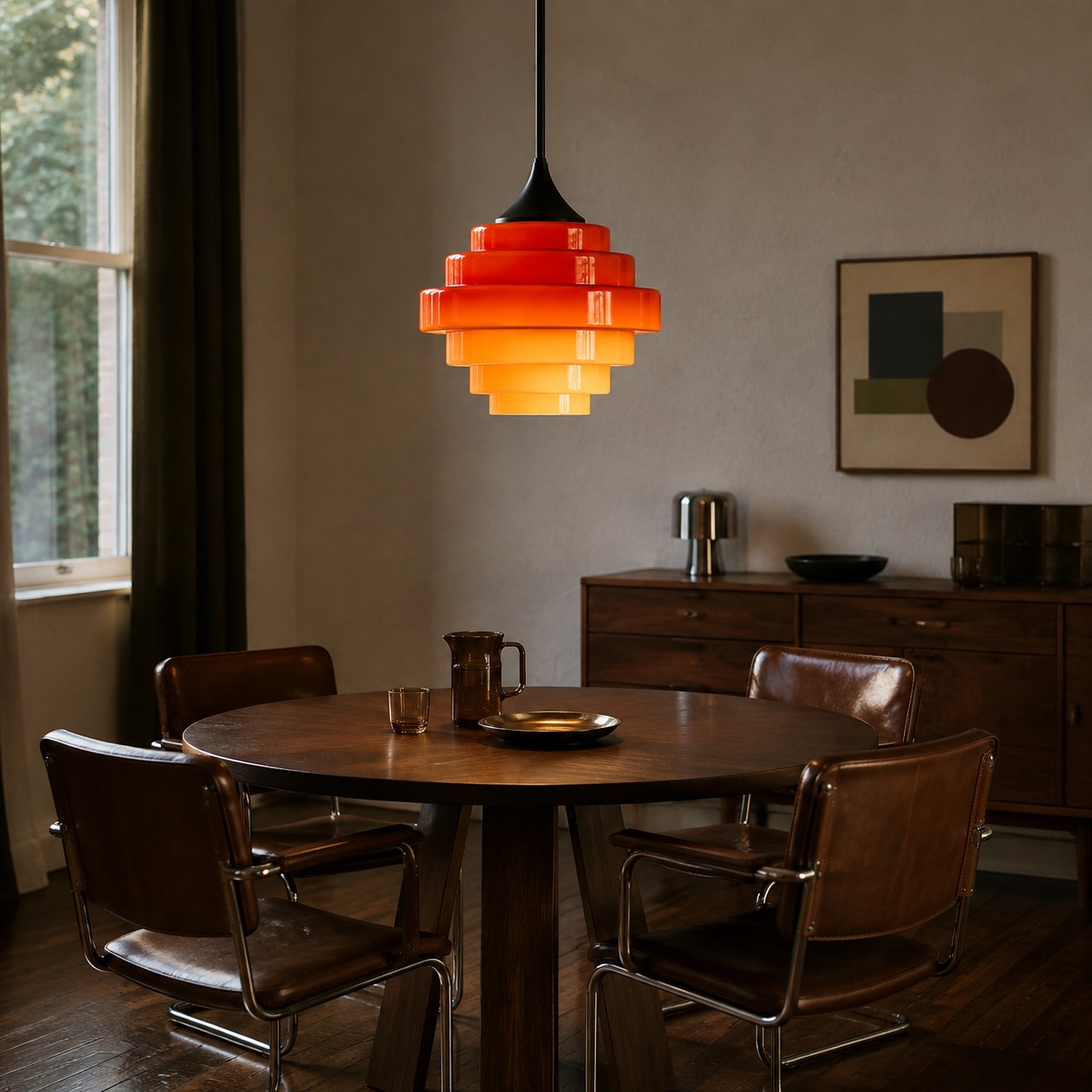 LUMES Design orange glass pendant above a dining table