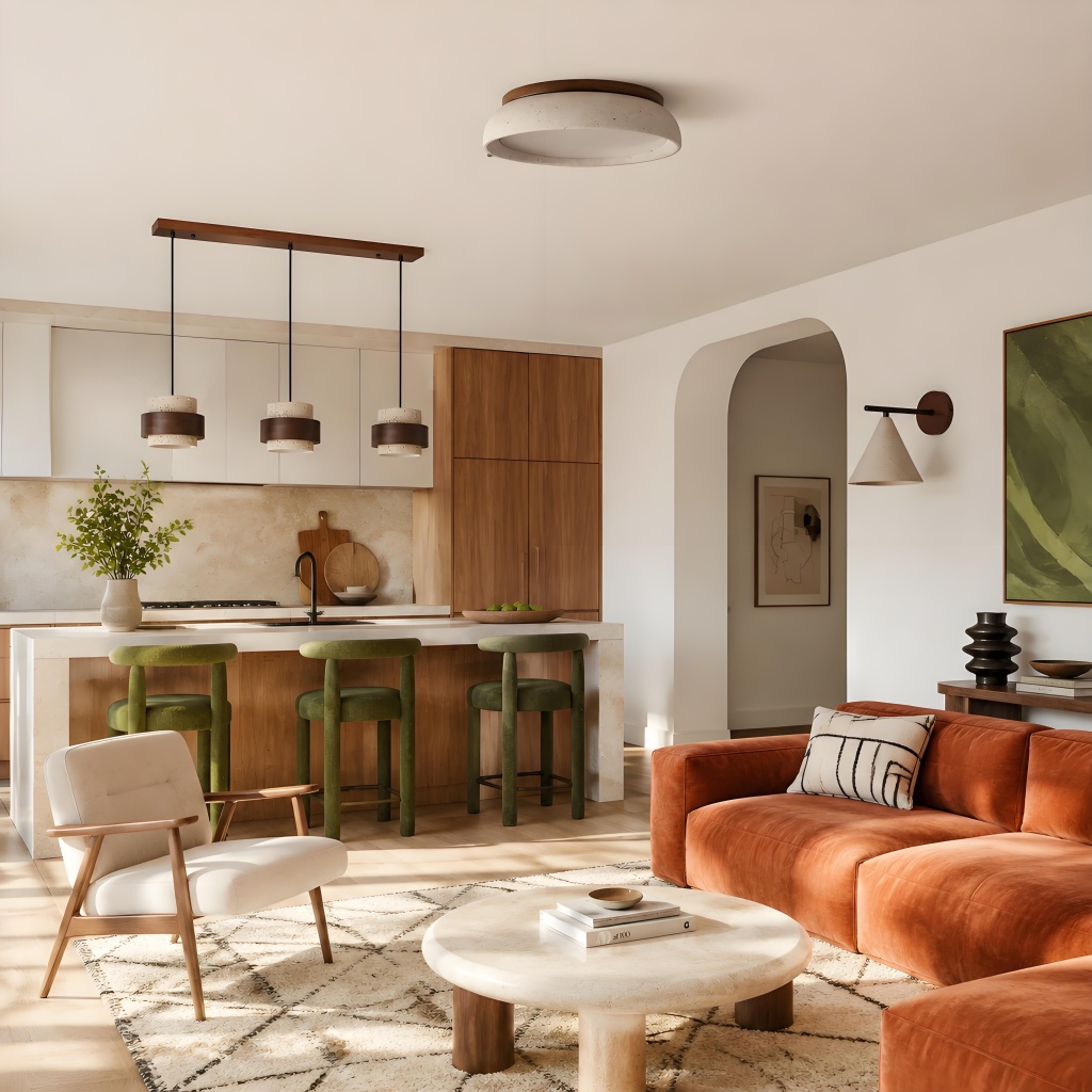 Coordinated stone, wood, and fabric lights across an open-plan interior