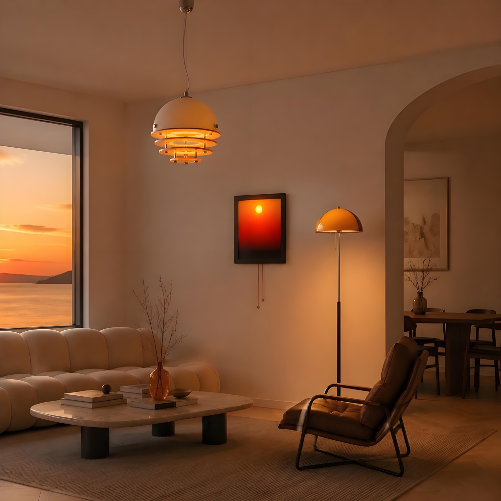 Sculptural pendant and floor lights glowing in a living room at sunset