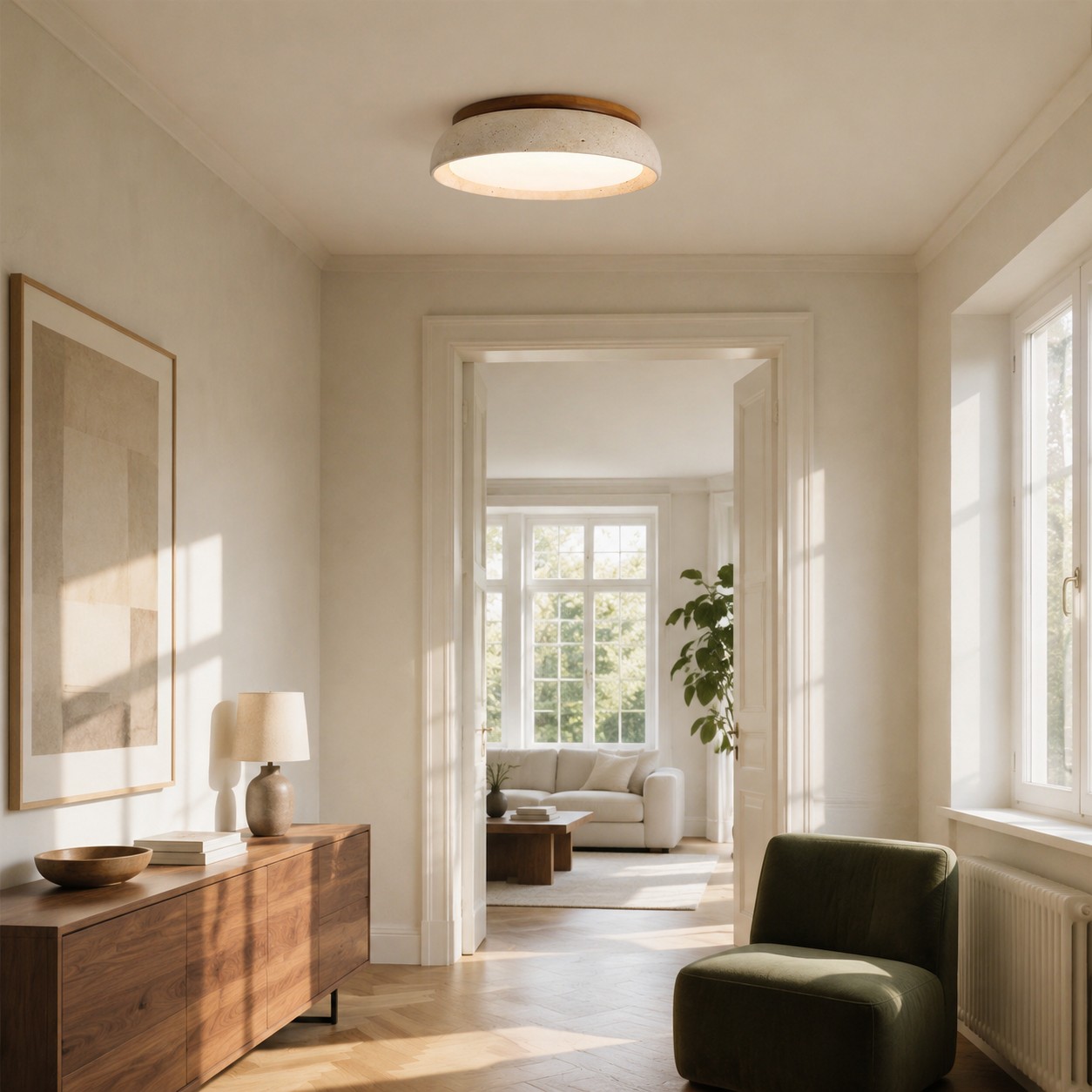 Travertine ceiling light in a calm, light-filled interior