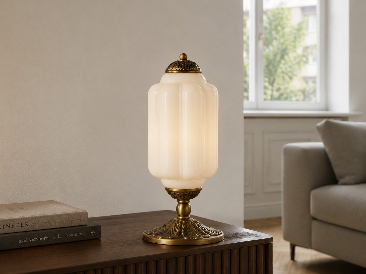Classic opal glass table lamp with an aged brass finish
