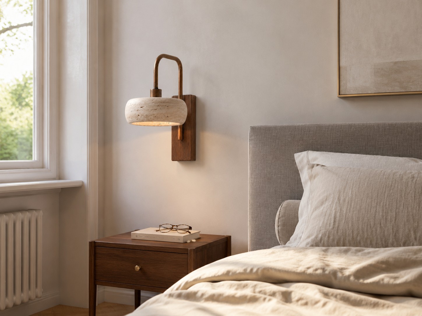 Natural stone wall light beside a linen upholstered bed