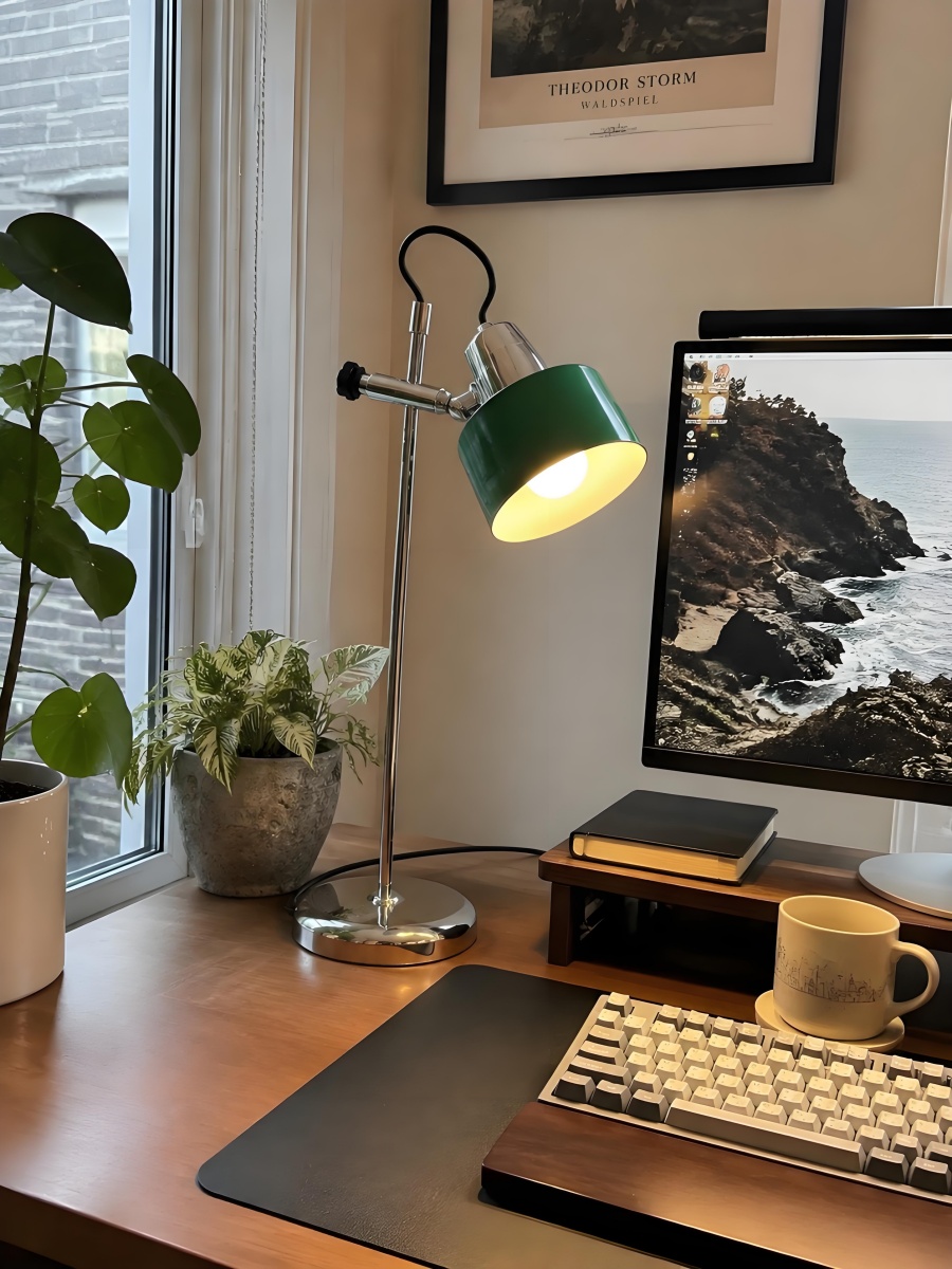 Customer desk with a glowing orange decorative lamp
