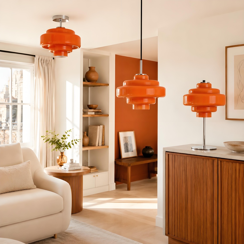 Orange sculptural lights used as a coordinated color statement