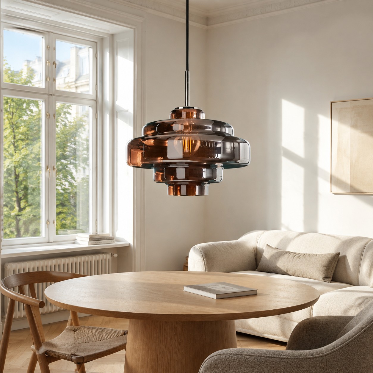 LUMES Design sculptural smoked-glass pendant in a bright living room