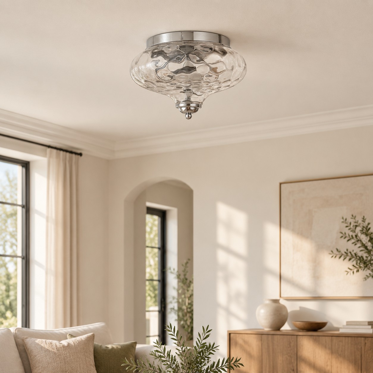 Low Ceilings | Two-Light Hammered Glass Ceiling Fixture — A layered perspective
