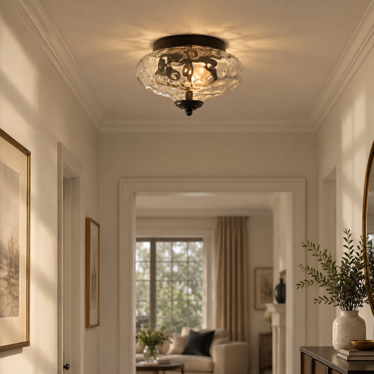 Low Ceilings | Two-Light Hammered Glass Ceiling Fixture — A layered perspective
