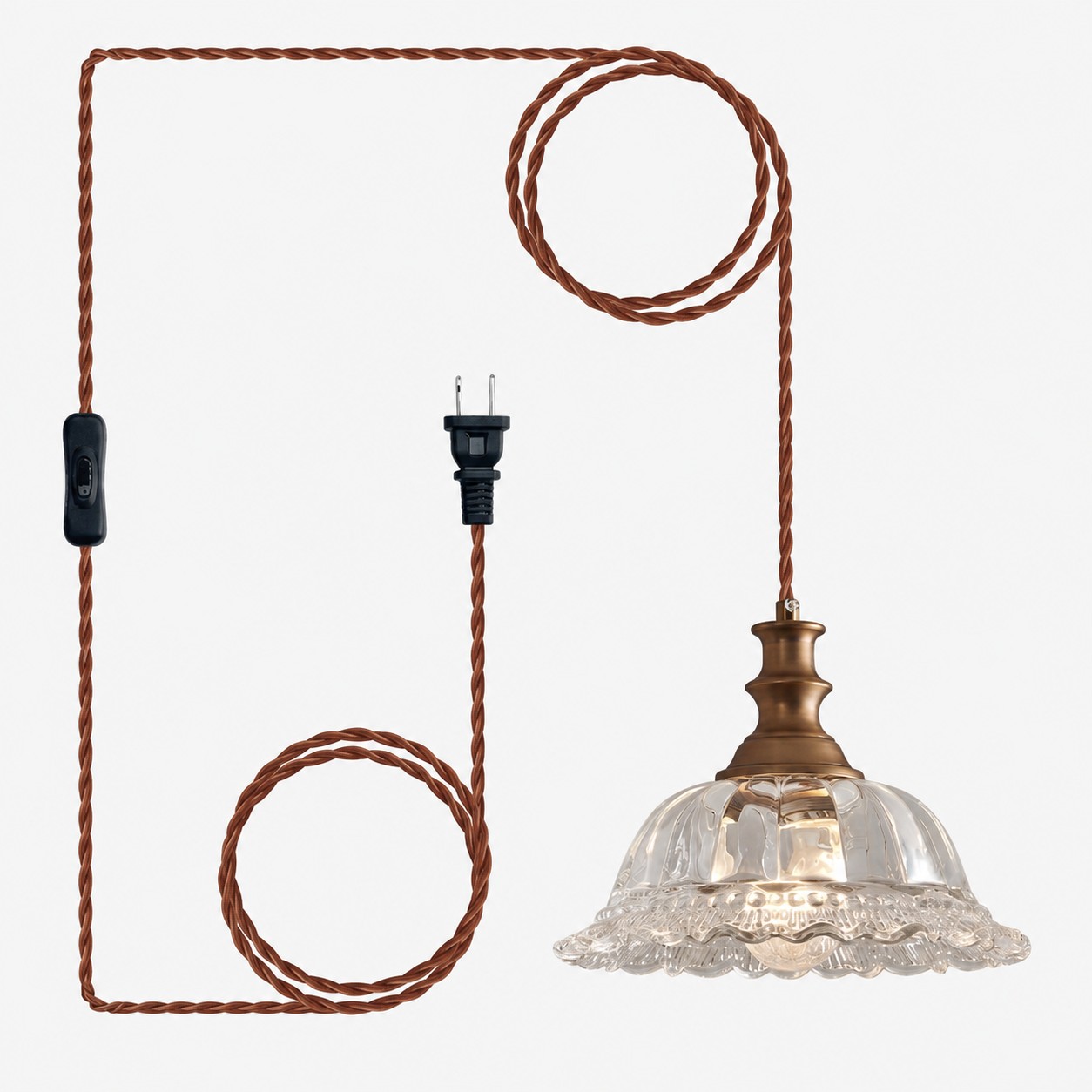 Vintage Fluted Glass Pendant Light — Scalloped Shade, Brass