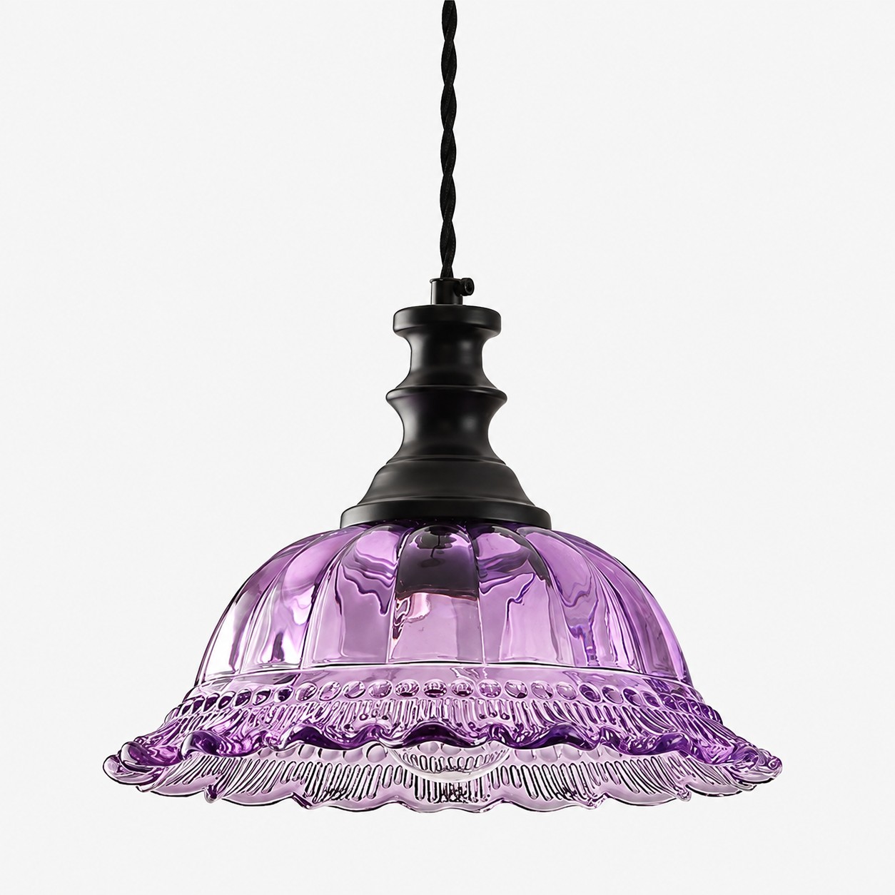 Vintage Fluted Glass Pendant Light — Scalloped Shade, Brass
