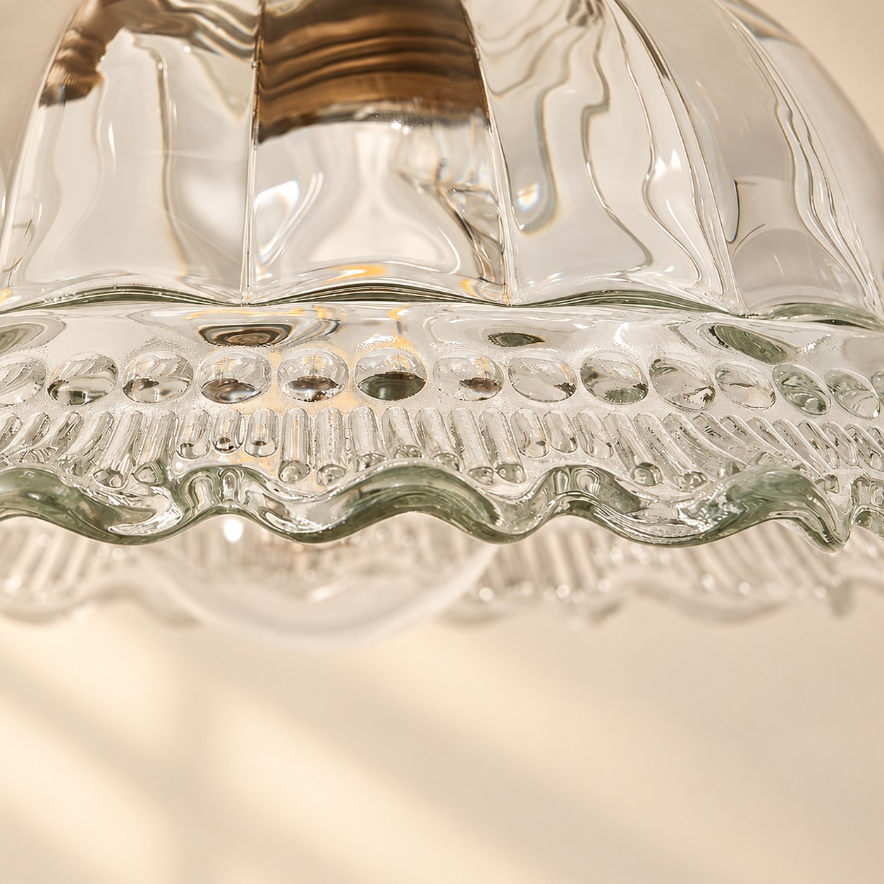 Vintage Fluted Glass Pendant Light — Scalloped Shade, Brass