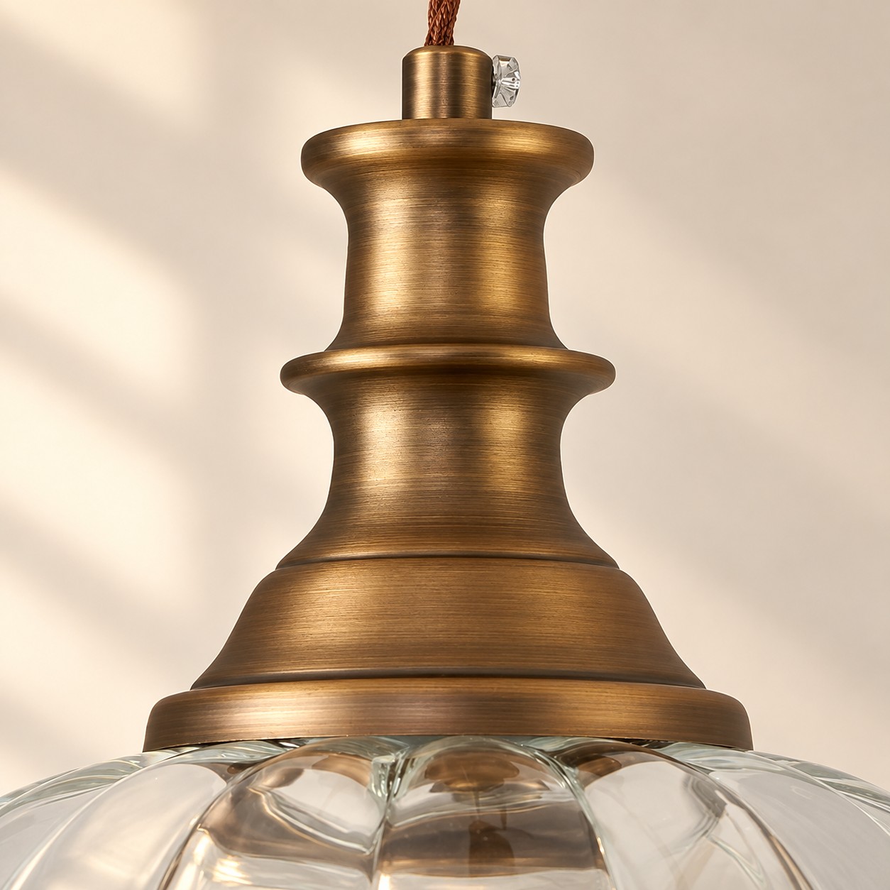 Vintage Fluted Glass Pendant Light — Scalloped Shade, Brass