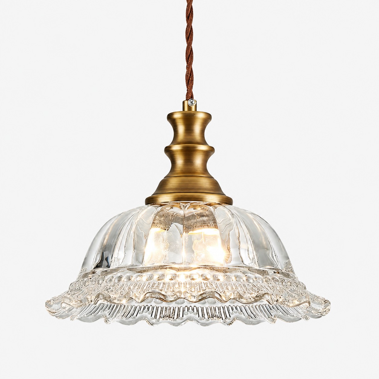 Vintage Fluted Glass Pendant Light — Scalloped Shade, Brass