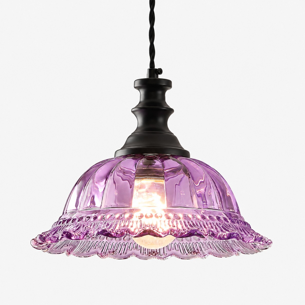 Vintage Fluted Glass Pendant Light — Scalloped Shade, Brass