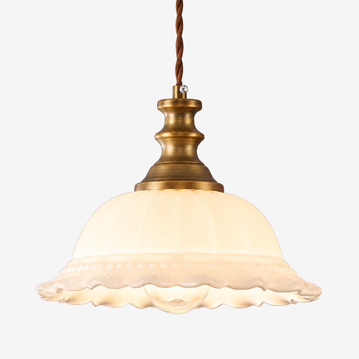 Vintage Fluted Glass Pendant Light — Scalloped Shade, Brass