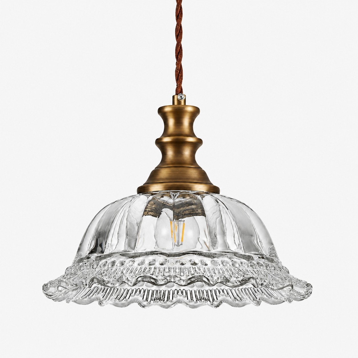 Vintage Fluted Glass Pendant Light — Scalloped Shade, Brass