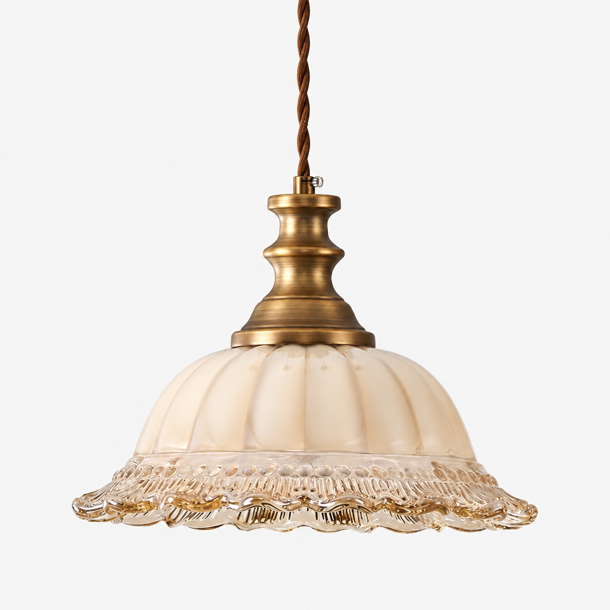Vintage Fluted Glass Pendant Light — Scalloped Shade, Brass