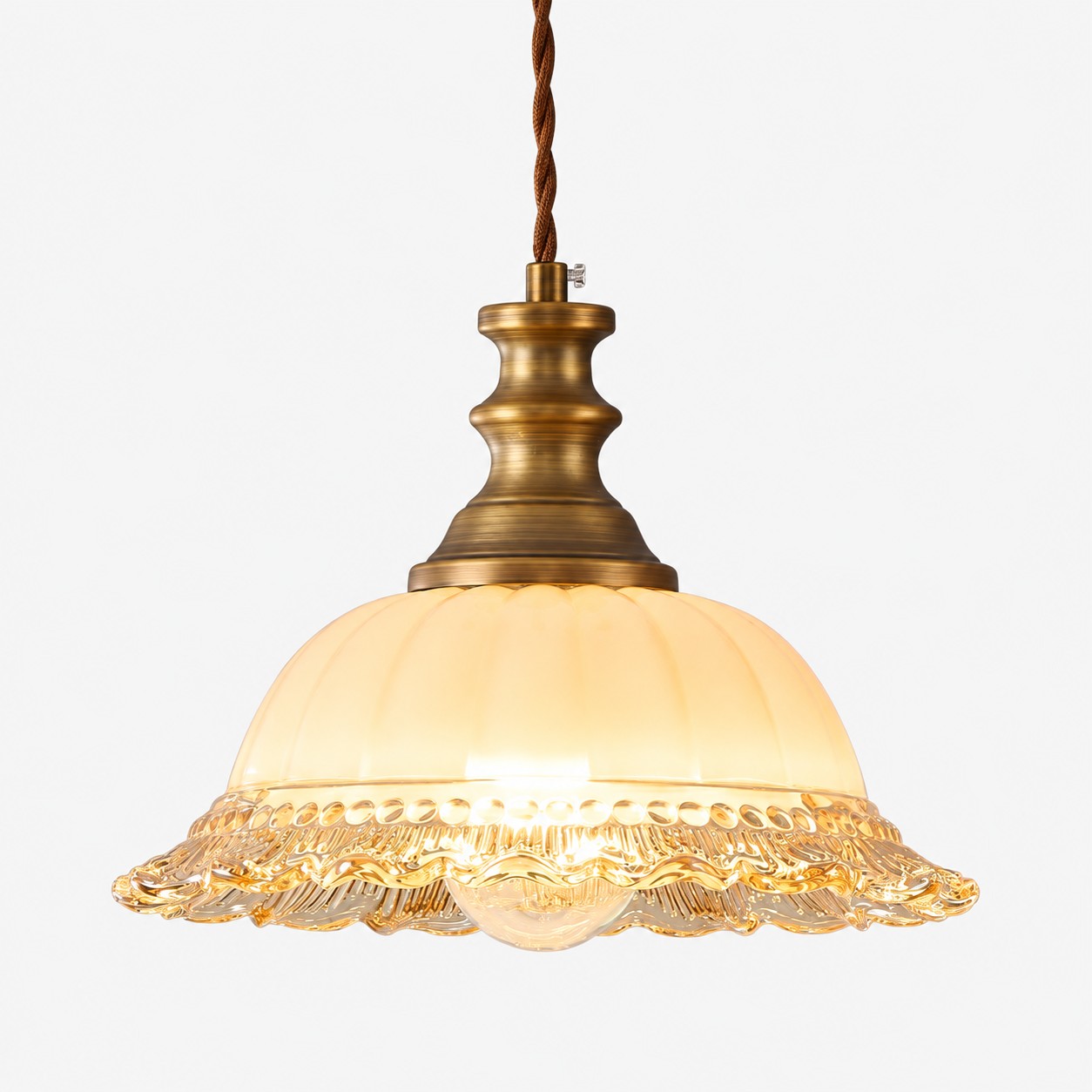Vintage Fluted Glass Pendant Light — Scalloped Shade, Brass