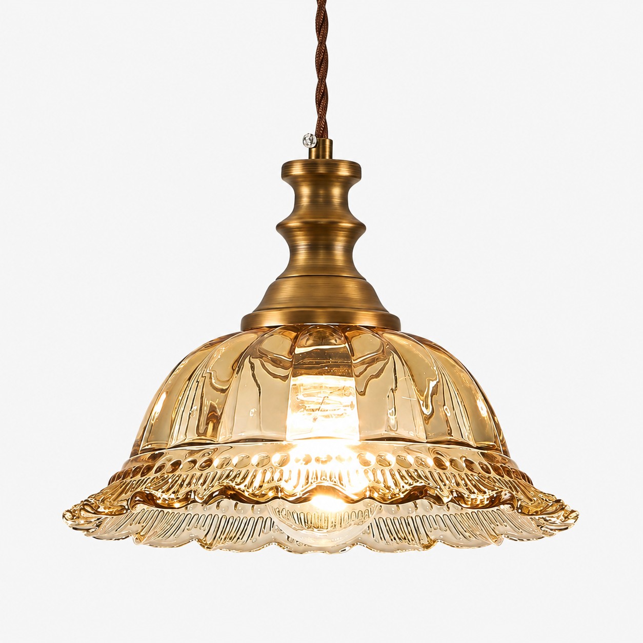 Vintage Fluted Glass Pendant Light — Scalloped Shade, Brass