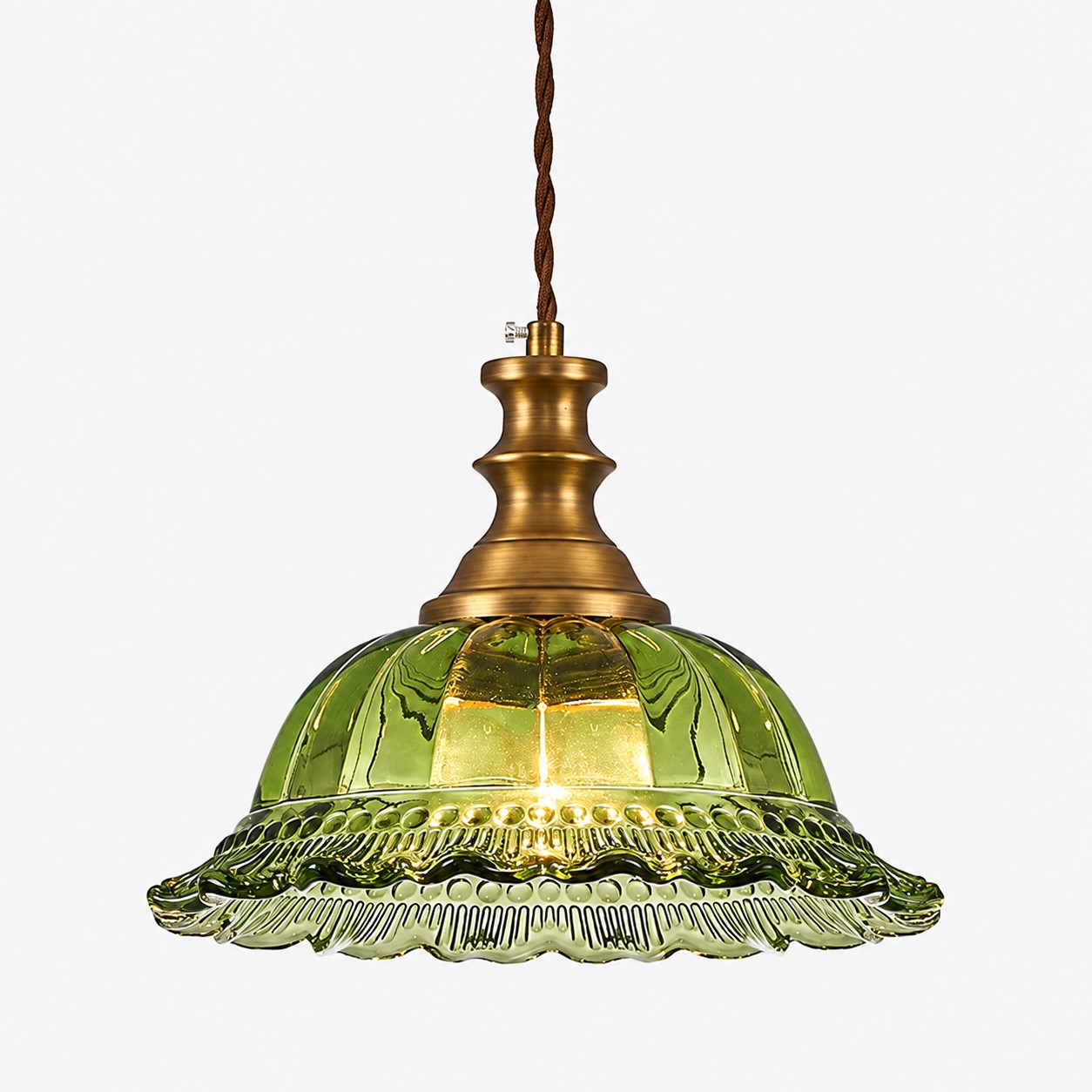 Vintage Fluted Glass Pendant Light — Scalloped Shade, Brass