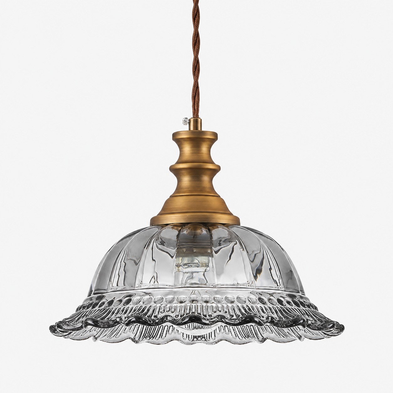 Vintage Fluted Glass Pendant Light — Scalloped Shade, Brass