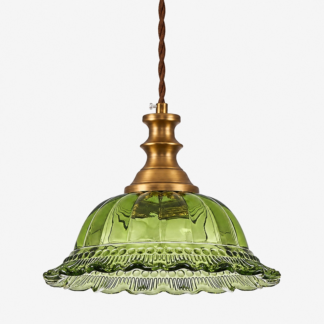 Vintage Fluted Glass Pendant Light — Scalloped Shade, Brass