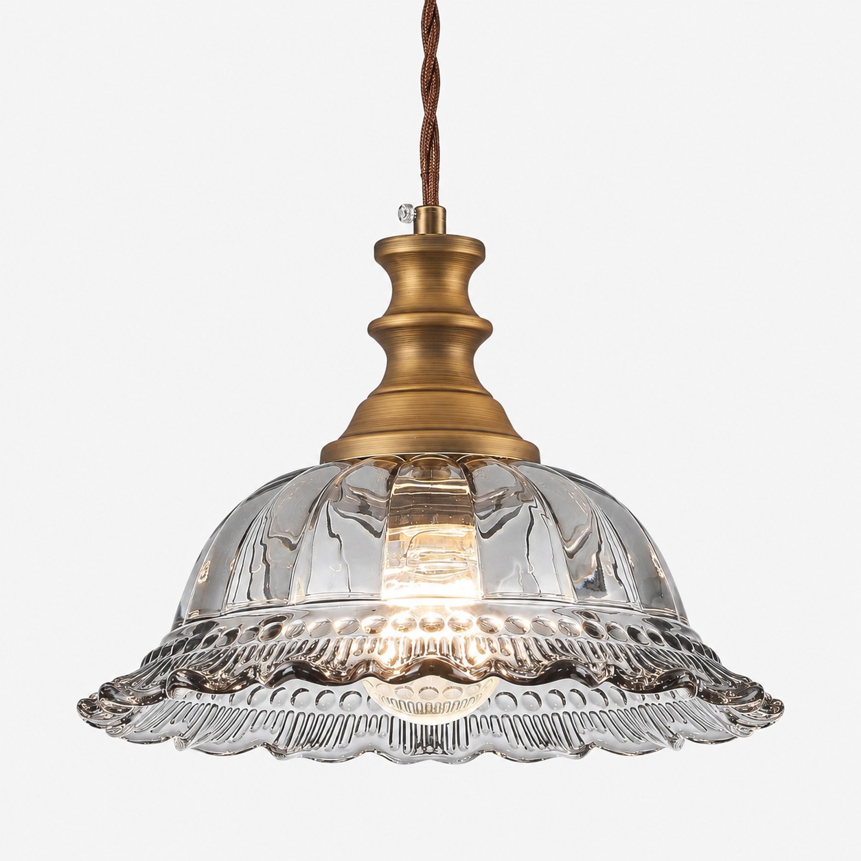 Vintage Fluted Glass Pendant Light — Scalloped Shade, Brass