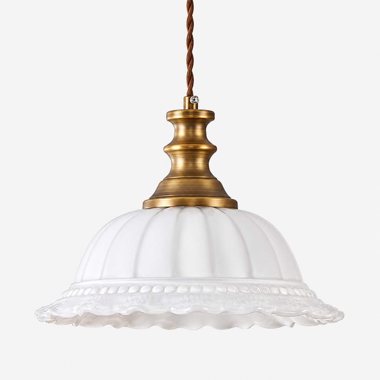 Vintage Fluted Glass Pendant Light — Scalloped Shade, Brass