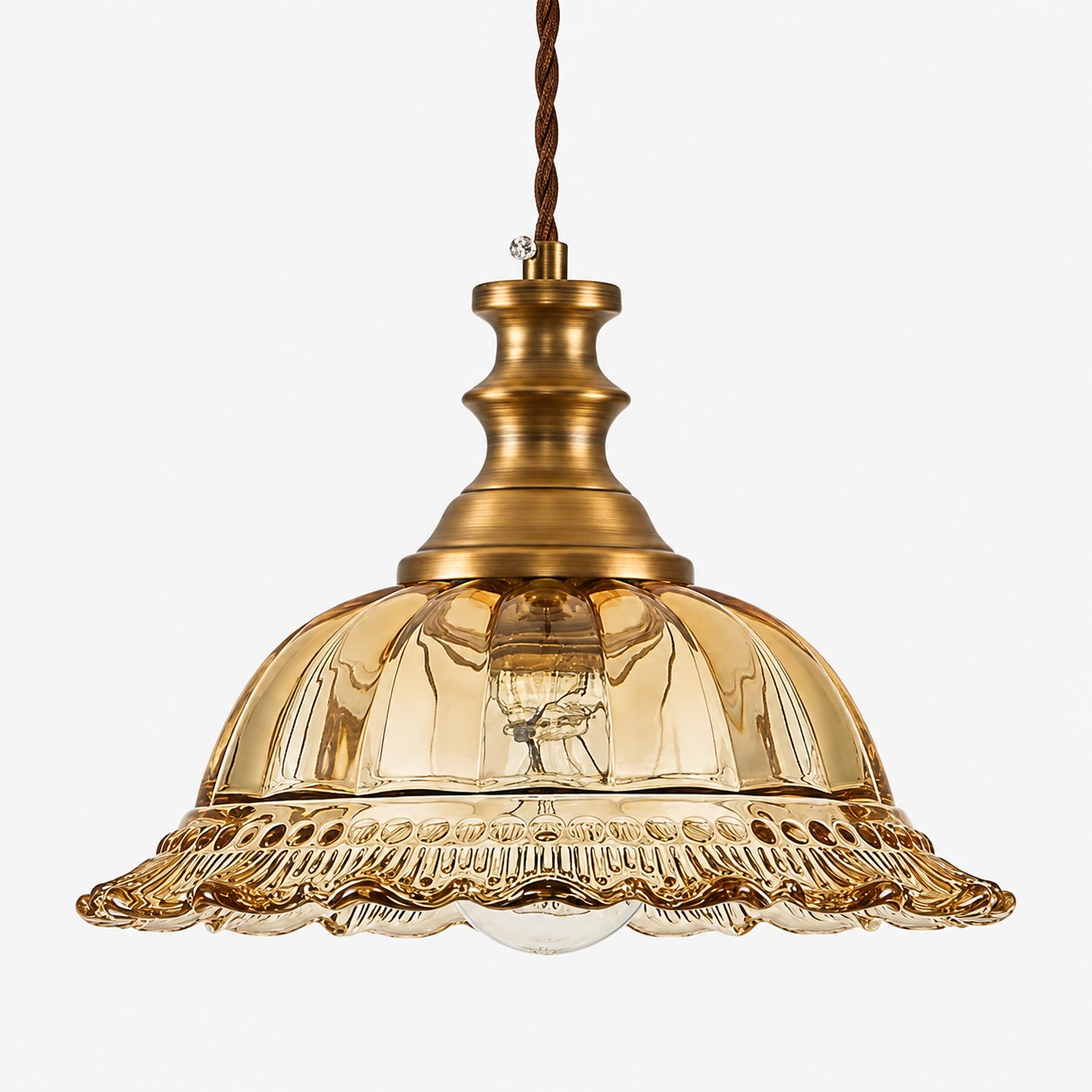 Vintage Fluted Glass Pendant Light — Scalloped Shade, Brass