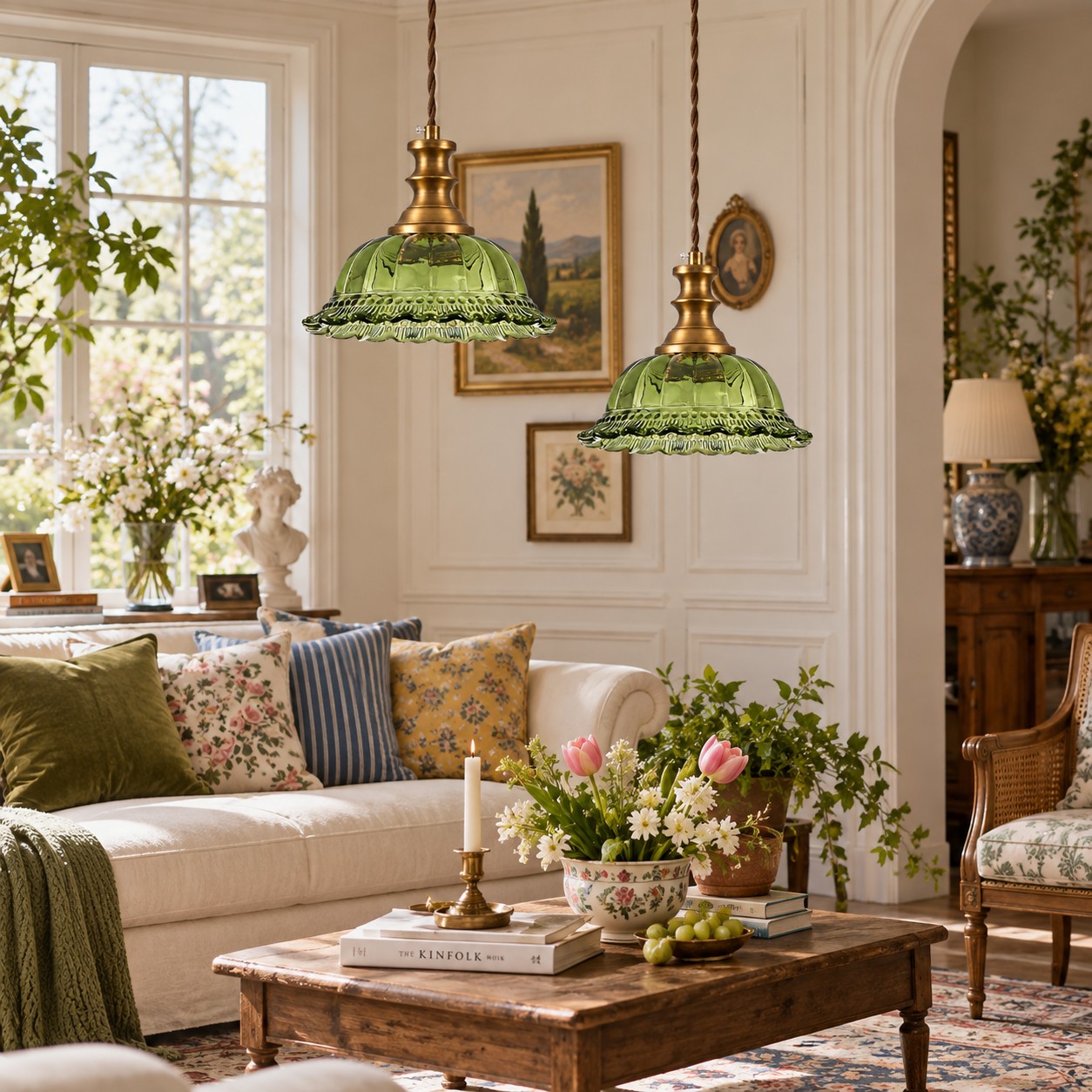 Vintage Fluted Glass Pendant Light — Scalloped Shade, Brass