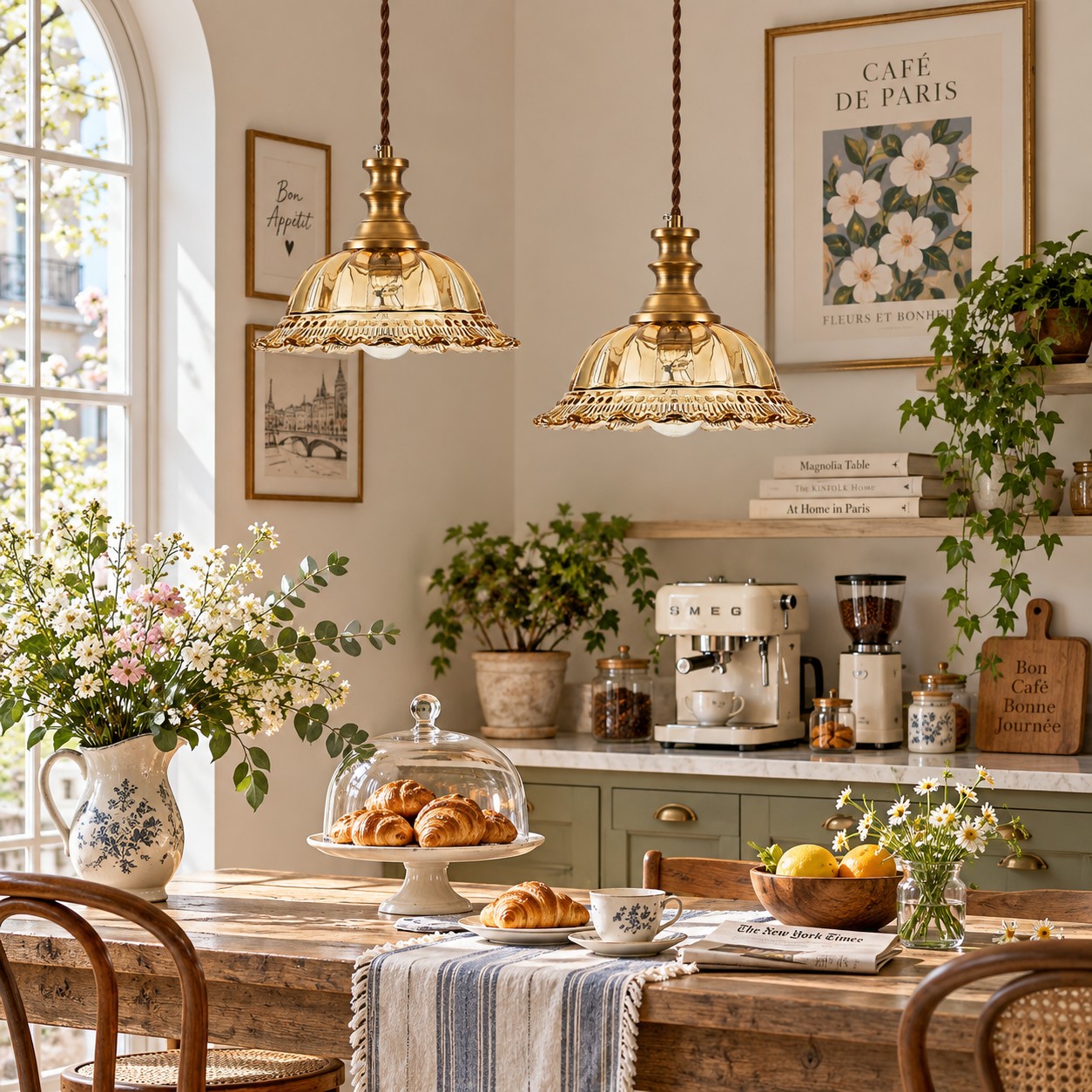 Vintage Fluted Glass Pendant Light — Scalloped Shade, Brass
