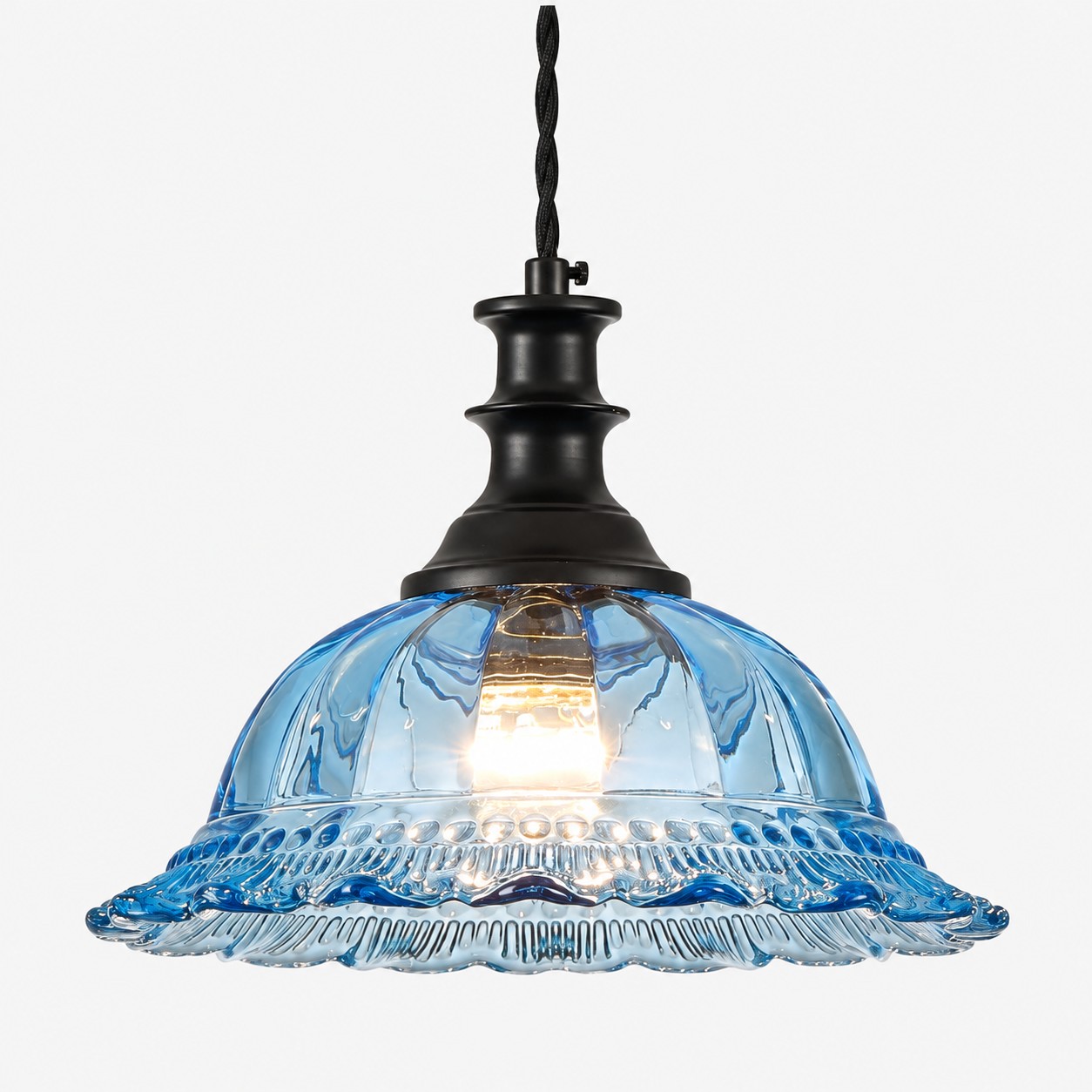 Vintage Fluted Glass Pendant Light — Scalloped Shade, Brass