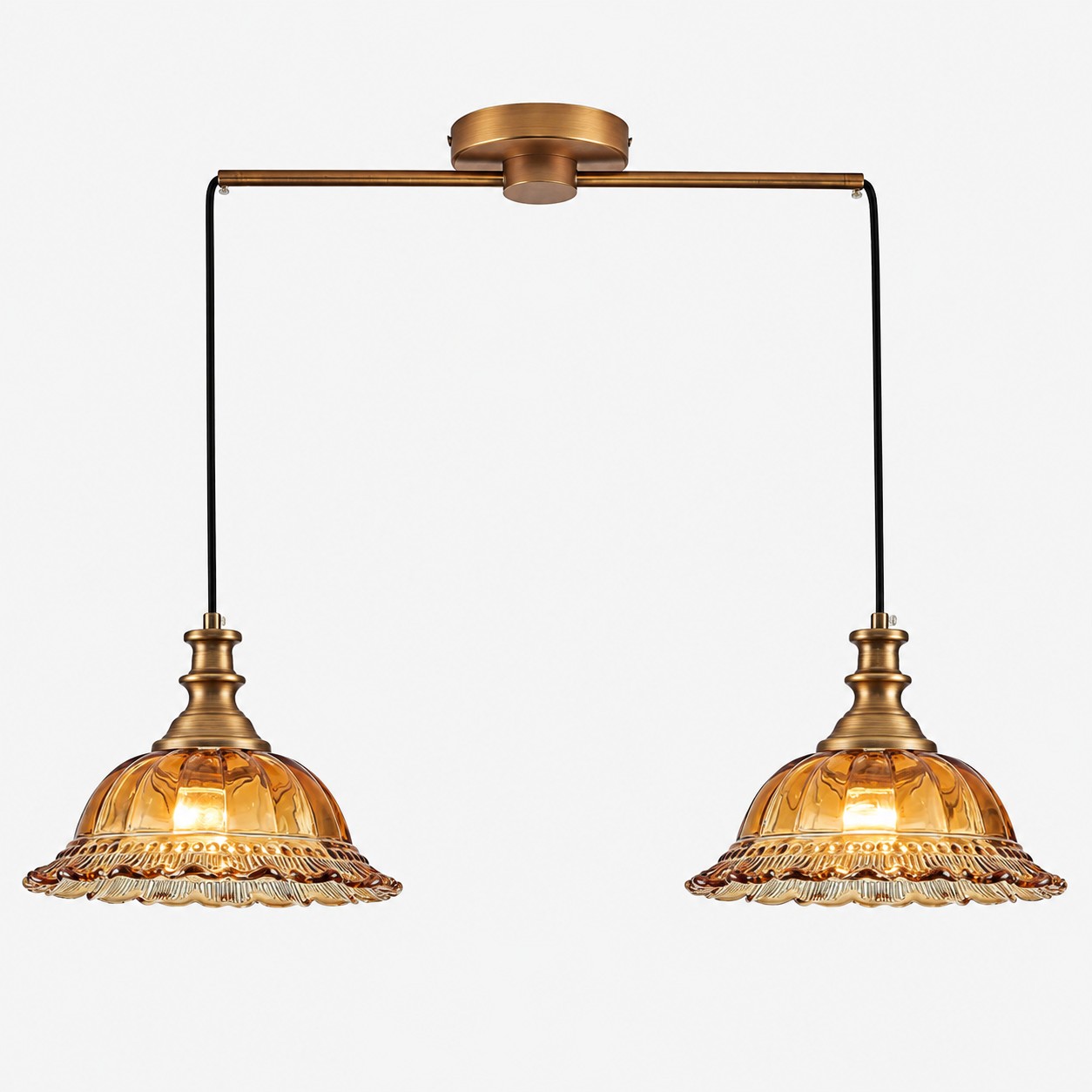 Vintage Fluted Glass Pendant Light — Scalloped Shade, Brass