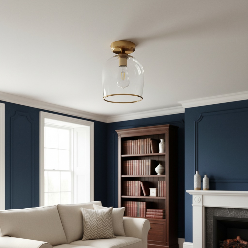 Lámpara de techo transparente Brazara en una habitación azul y blanca