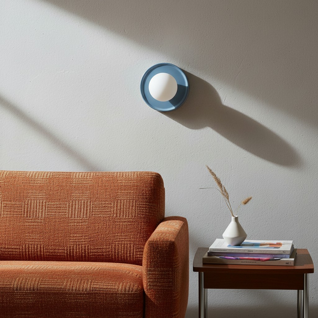 Blaue Solna Wandleuchte über orangefarbenem Sofa