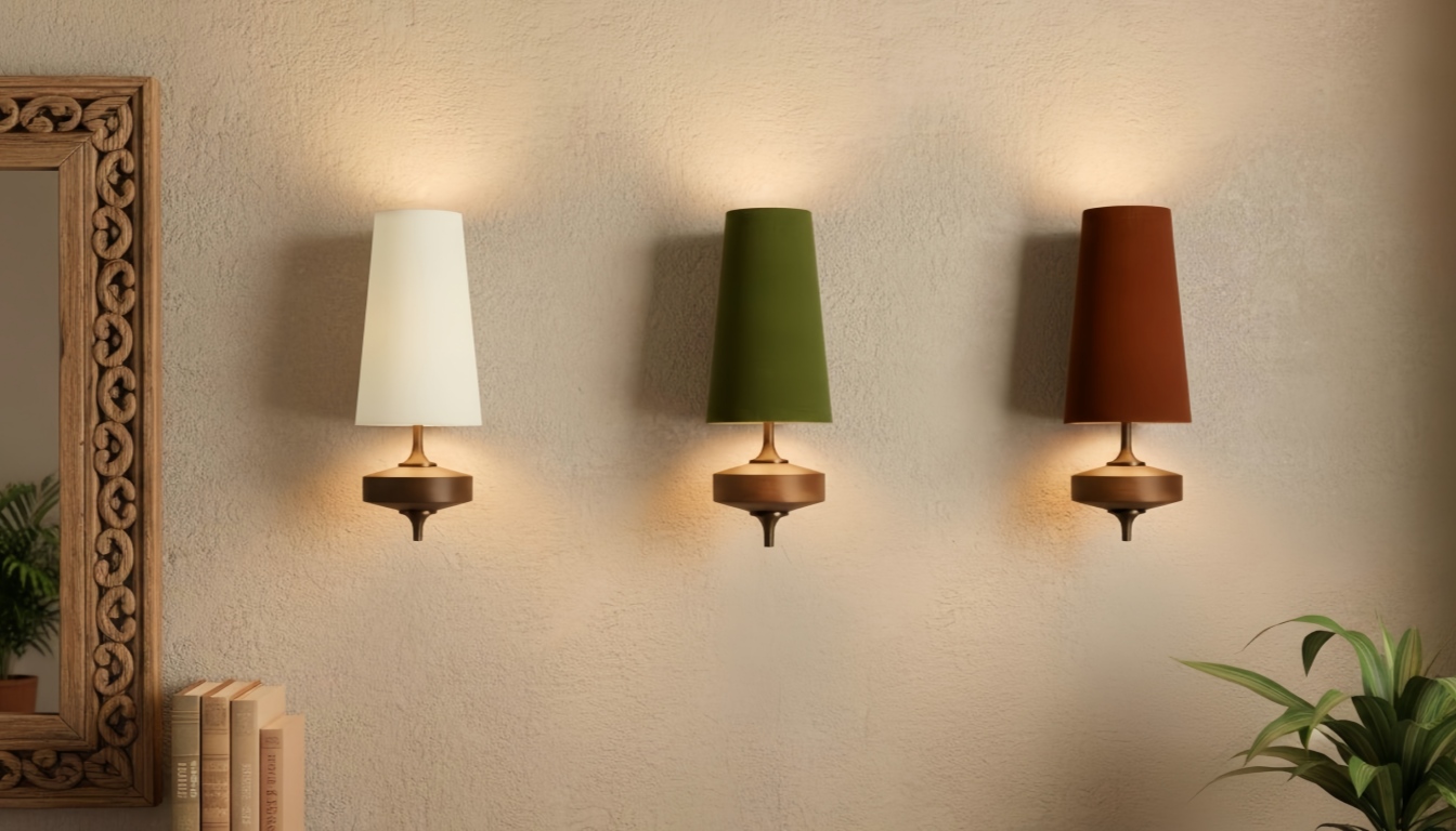 Wandleuchten in mehreren Schirmfarben an einer Wand