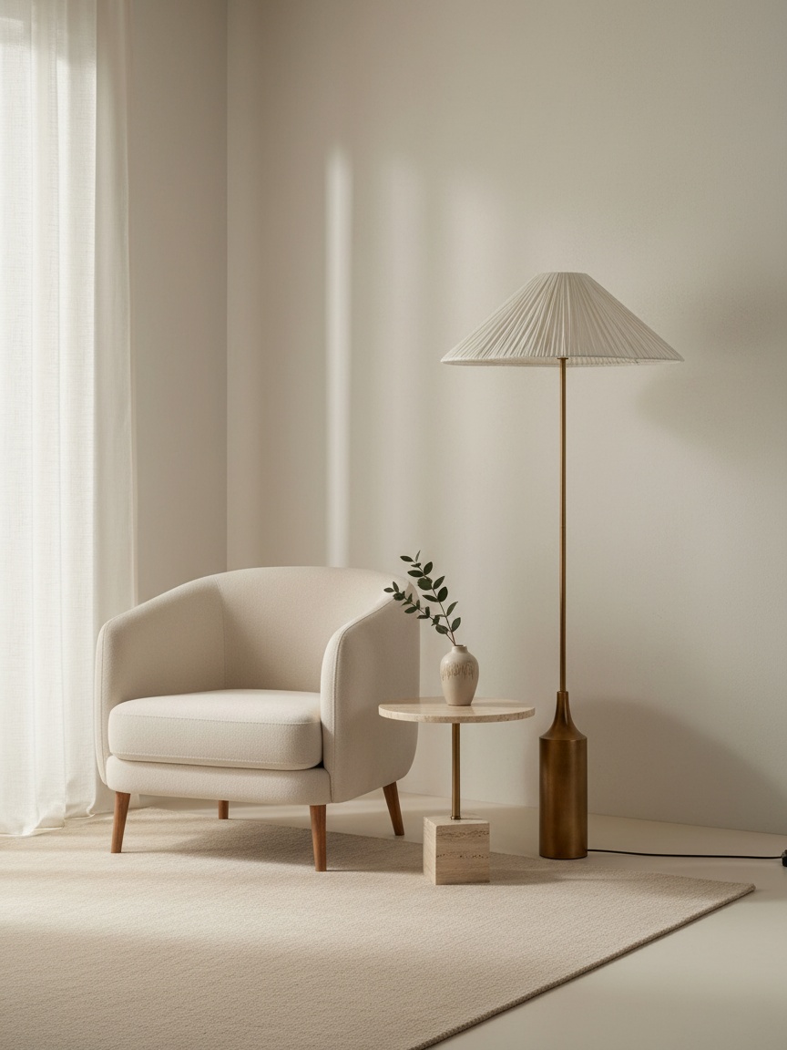 Lindi Stehlampe mit Stoffschirm in heller Wohnszene