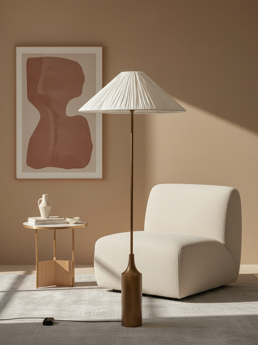Lindi Stehlampe mit Stoffschirm neben Sessel