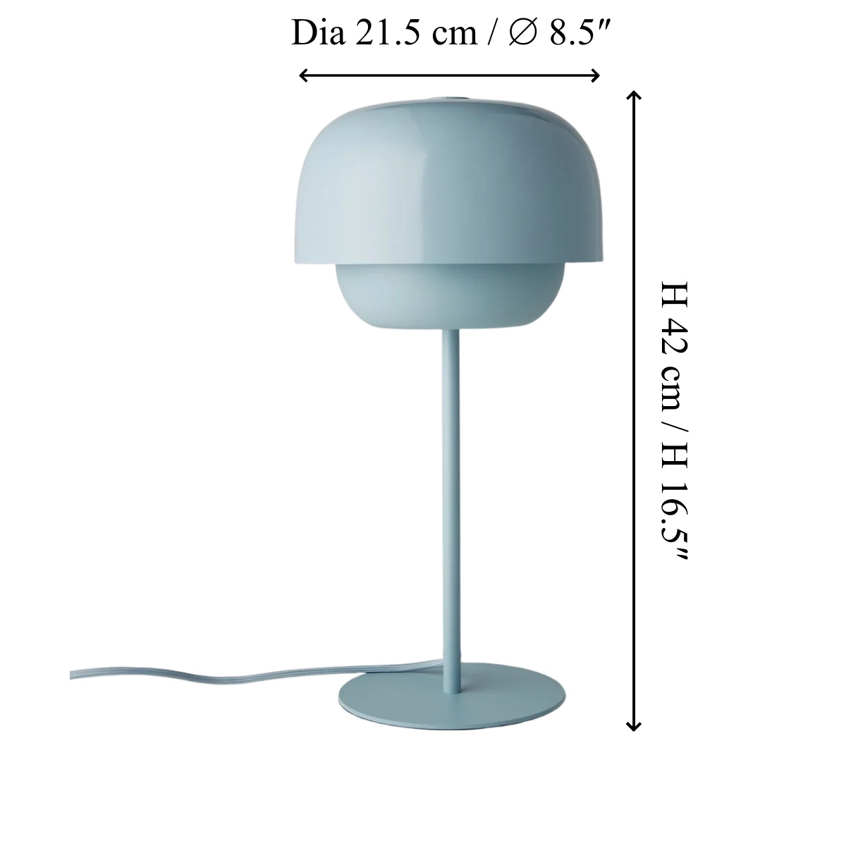 Maßzeichnung der hellblauen Clinco Tischlampe