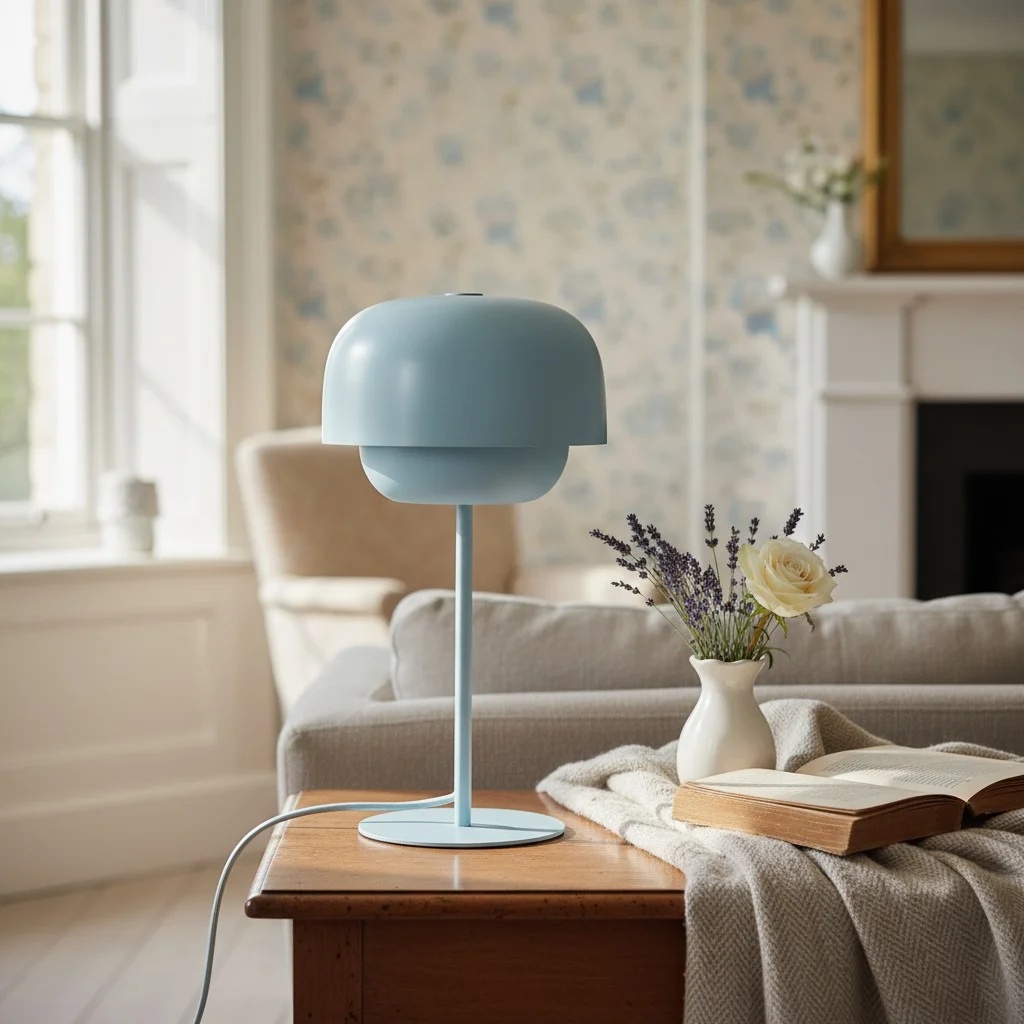 Clinco Metall-Tischlampe in Hellblau im Wohnzimmer