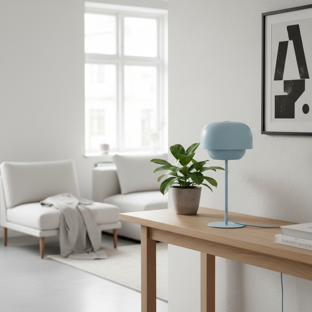 Hellblaue Clinco Tischlampe auf einer Konsole im Wohnraum